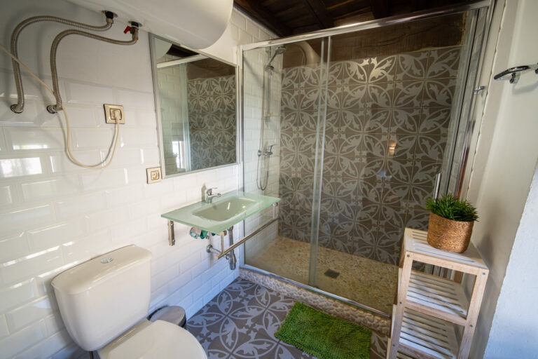 Baño privado de la habitación de 4 plazas abuhardillada con plato de ducha y mampara en Albergue Rural San Blas